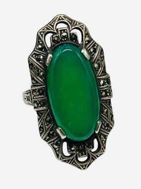 Art Deco Sterling Chrysoprase Marcasite Ring